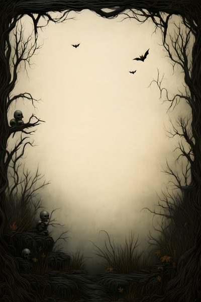 there is a creepy scene with trees and skulls in the foggy forest, as well as birds flying overhead Halloween Scroll Spooky Invitation Background, Spooky Background Printable, Dark Spooky Background, rosy brown