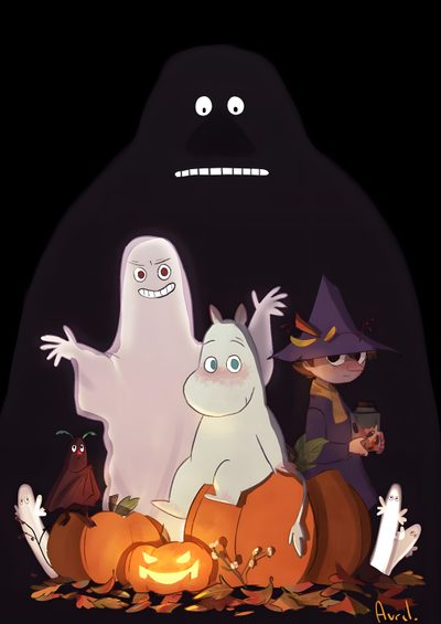 three cartoon characters are sitting on pumpkins in the dark Moomin Halloween Moomin Ghosts, Moomin Fall, Moomin Autumn, Moomin Halloween, Moomin Pumpkin, black