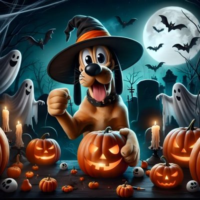 a dog dressed up as a witch with pumpkins Pluto Halloween Goofy Halloween Images, Animated Disney Halloween Characters, Disney Halloween Cartoons, dark slate gray