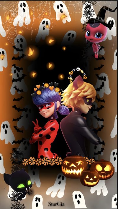 two children dressed up in halloween costumes with pumpkins and ghost faces behind them, all looking at each other Miraculous Ladybug Halloween Cute Halloween Phone, Halloween Cartoon Characters, Halloween Party Invitation Ideas, saddle brown