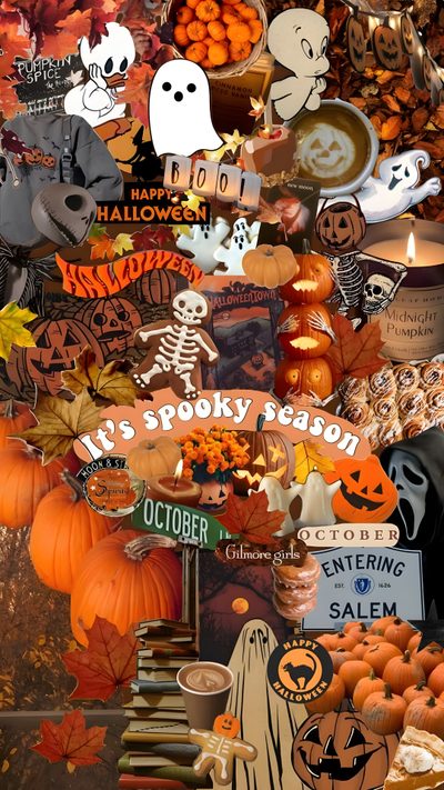 a collage of pumpkins, jack - o'- lanterns and other halloween related items Preppy Halloween Collage Halloween Lock Screen, Autumn Phone, October, Image Halloween, sienna
