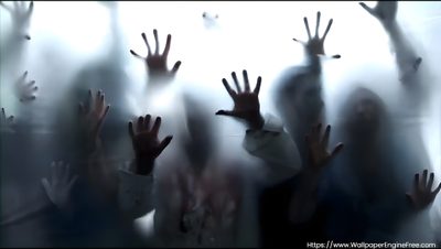many people with their hands up in front of a glass wall and the words happy halloween written on it Halloween Attack Zombie Themed, Apocalypse Aesthetic Pc, Zombies 4k, Horror Pc Backgrounds, dark slate gray