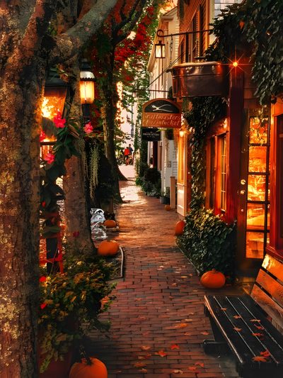 an alley way with pumpkins on the ground and lights in the trees above it Salem Halloween Aesthetic Massachusetts Aesthetic, Salem Massachusetts Travel, Salem Halloween, saddle brown