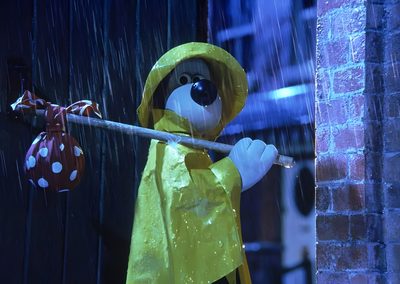 a stuffed animal dressed in raincoats holding an umbrella next to a brick wall Wallace And Gromit Halloween Hd Wallace And Gromit Rain, Gromit Crying, Wallace And Gromit Gif, dark slate gray