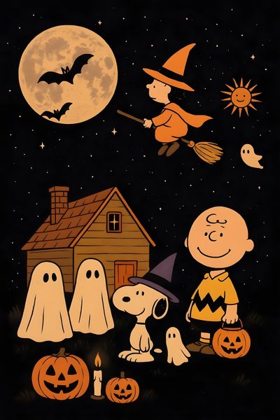 snoop and his friends are dressed up for halloween in front of a house with pumpkins Charlie Brown Halloween Iphone Charlie Brown Halloween, Snoopy Halloween Iphone, Spooky Snoopy, black