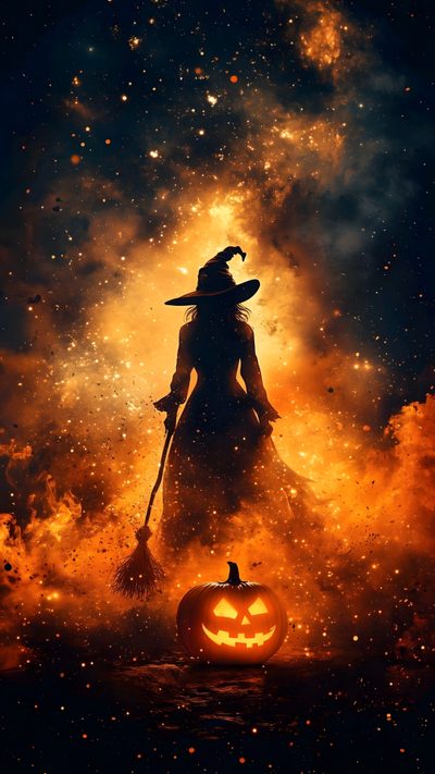 a woman dressed as a witch holding a broom and standing in front of a pumpkin Witchy Halloween Iphone Happy Halloween Pictures, Witch, Image Halloween, Halloween Backgrounds, black