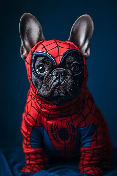 a small dog wearing a spiderman costume on top of a blue blanket with his ears up Halloween French Bulldog French Bulldog Astronaut 4k, French Bulldog Fashion Art, French Bulldog With Portrait, black