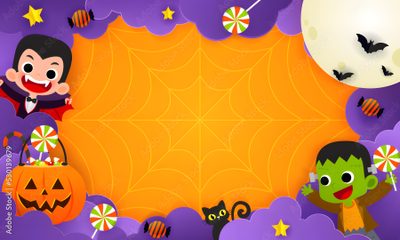 halloween background with pumpkins, jack - o'- lanterns and monsters Kids Halloween Colorful Halloween Border Template, Kids Halloween Background, Halloween Candy Border, dark orange