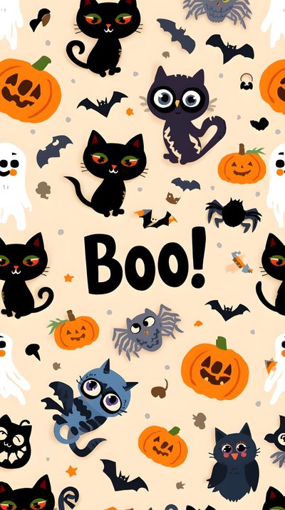 halloween cats and bats with the word boo written in black on an orange background that says boo Halloween Cats Bats Owls Spiders Sm Halloween, blanched almond