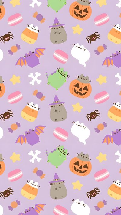 Pusheen Cute Halloween Decor Inspiration, Cute Halloween Wallpaper, Halloween Phone Background Ideas, Halloween Pusheen Pattern, Purple Halloween Pattern, Adopt Me Halloween Wallpaper, Cute Halloween Phone Backgrounds, Cute Halloween Phone Wallpaper, Fall Wallpaper Purple Kawaii Kawaii Pusheen Halloween Cute Halloween Decor Inspiration, Cute Halloween, Halloween Phone Background Ideas, thistle