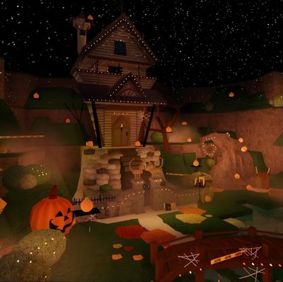 an animated halloween scene with pumpkins in the yard Halloween Roblox Boo Burg Town Layout, Bloxburg Maze, Bloxburg House Ideas For Halloween, black