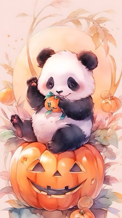 a panda bear sitting on top of a pumpkin Cute Halloween Panda Autumn Panda, Panda Fanart, Panda Fall, Cute Halloween Panda, Halloween Panda, light pink