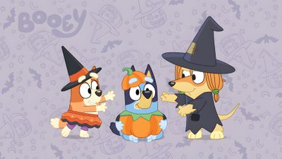three cartoon dogs dressed up as witches and one dog wearing a witch hat, standing next to each other Bluey And Bingo Halloween Bingo Funny, Bingo, Cute Puppies, Phone, Ipad, Puppies, silver