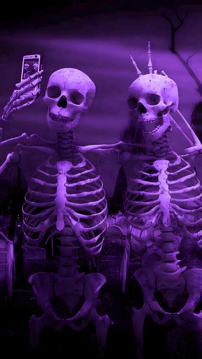 two skeletons sitting next to each other in front of a purple background with the words halloween written on it Purple Edgy Aesthetic Halloween Purple Aesthetic Things, Purple Halloween Aesthetic, Destacadas Instagram Iconos, midnight blue