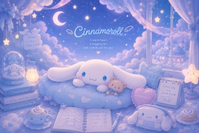 there is a stuffed animal that is on top of a cloud in the night sky Cinnamoroll Halloween Laptop Cinnamoroll Pc, Cinnamoroll Ipad, Kawaii Laptop, medium purple