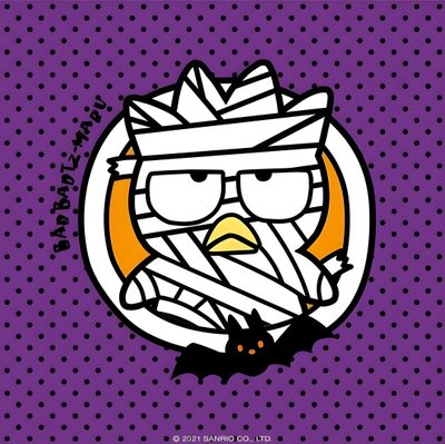 an angry bird with glasses and a bandage in its mouth on a purple polka dot background Badtz Maru Halloween Badtz Maru Halloween, Badtz Maru With Glasses, Badtz Maru Thanksgiving, dark slate blue
