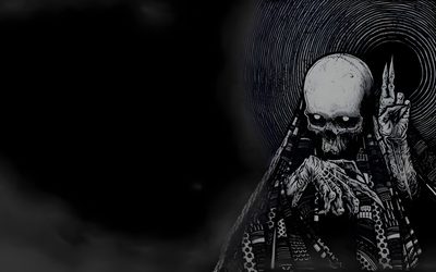 a skeleton holding up a knife in front of a black and white background with clouds Halloween Skull For Desktop Homescreen, Skull, Dark, Goth, Aesthetic Desktop, Halloween, black