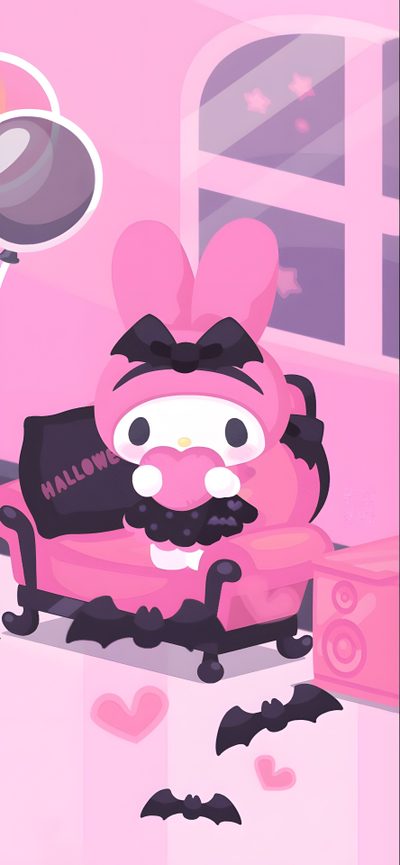 a cartoon character sitting on top of a pink couch My Melody Halloween Goth Goth My Melody Iphone, Sanrio Halloween, Kuromi Black And Pink, Goth My Melody, plum