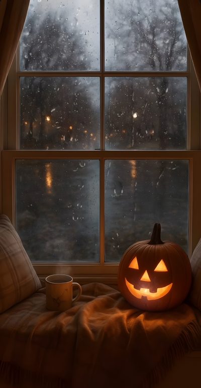 a pumpkin sitting on top of a window sill next to a cup and mug Real Halloween Fall Spooky Aesthetic, Rainy Halloween Aesthetic, Cosy Halloween Aesthetic, dark slate gray
