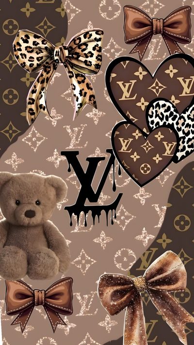 a brown teddy bear sitting in front of louis vuitton wallpaper with hearts and leopard print Louis Vuitton Halloween Iphone Hello Kitty Halloween, Bow Iphone, Cute Home Screen, Pretty Ipad, gray