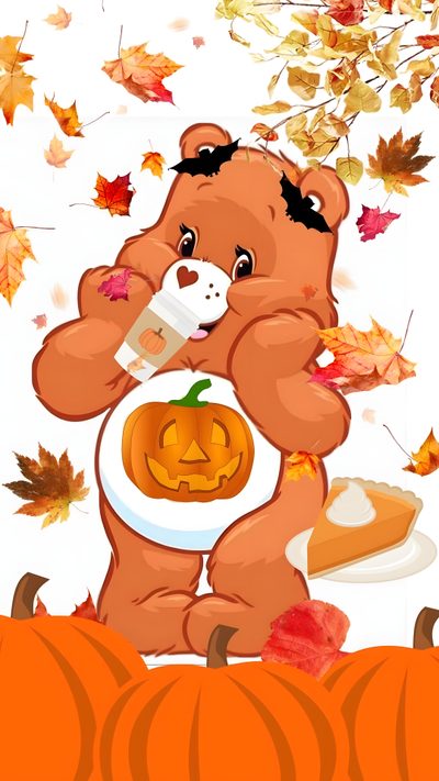 a brown teddy bear holding a plate with a jack - o'- lantern on it Care Bears Halloween Fall Mason Jar Crafts, Care Bear Tattoos, Care Bears Vintage, Iphone Violet, coral