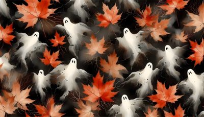 a group of ghost and maple leaves on a black background with orange, red and white colors Halloween Fb Spooky Fb Cover Photos, Facebook Cover Background, Halloween Cover Photo Facebook, dark olive green