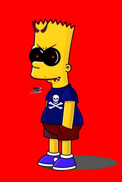 the simpsons is wearing a blue shirt and red shorts with a skull on his face Bart Simpson Halloween Bart Simpson Halloween, Bart Simpson Driving, Bart Simpson Mask, Simpsons Demon, red