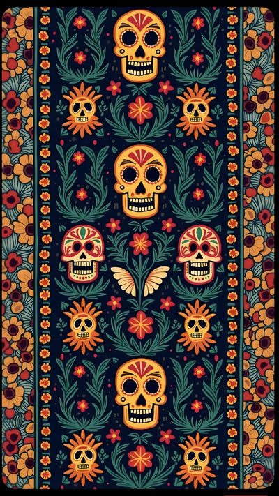 a rug with skulls on it and flowers in the background, as well as an ornate border Mexican Halloween Mexico Texture, Mexico Patterns, Cool Mexican Designs, dark slate gray