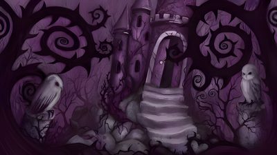 an illustration of a castle in the woods Purple Halloween Computer Aesthetic Dark For Laptop, Ominous Castle, Purple Background Spooky Art, dark slate gray