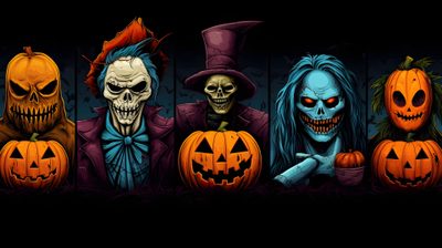 halloween pumpkins with scary faces and hair are lined up against a black background, Halloween Fb Halloween Laptop Scary, Scary Facebook Cover, Halloween Desktop 1920x1080, black