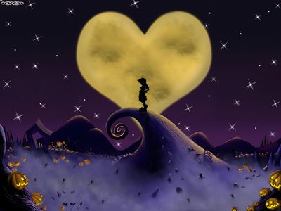 a person standing on top of a hill with a heart shaped moon in the background Kingdom Hearts Halloween Kingdom Hearts Tree, Kingdom Hearts Moon, Kh Background, dark slate gray