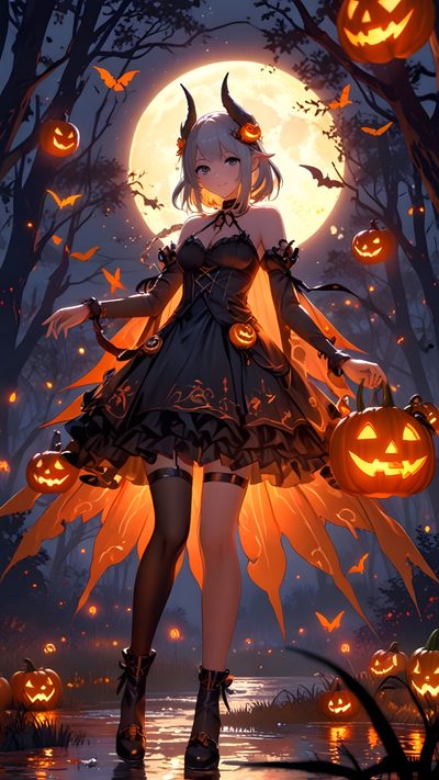 a girl dressed as a witch with pumpkins in her hands Anime Halloween Phone Halloween Kawaii, Halloween Backgrounds, Goth, Anime Halloween, dark slate gray