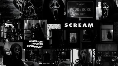 a collage of black and white images with words scream on the front, below them Scream Edgy Aesthetic Halloween Ghost Face Aesthetic, Halloween Desktop, Scary, Laptop Backgrounds, black