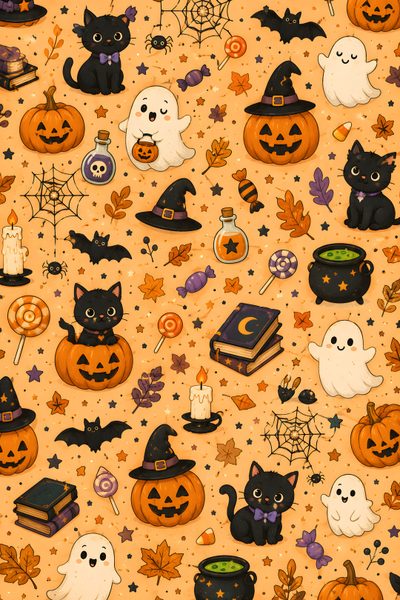 a halloween themed wallpaper with black cats, bats and pumpkins on an orange background Halloween Room Fall Background, Halloween Images, Whimsical Halloween, Halloween Backgrounds, sandy brown