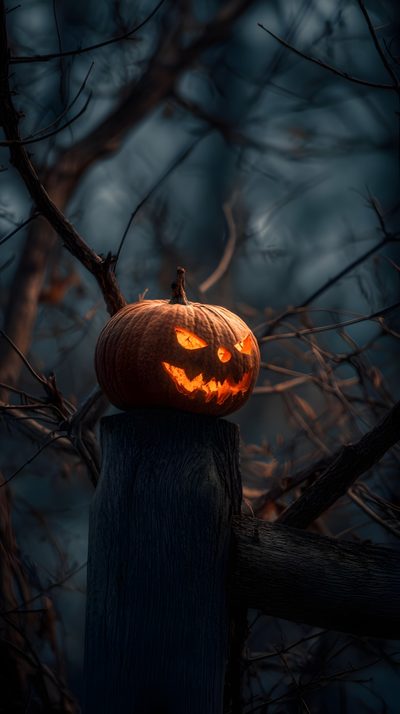 a carved pumpkin sitting on top of a wooden post Halloween 4k Vertical Halloween Dark, Jack O Lantern, Jack O Lantern Iphone, Halloween House, black
