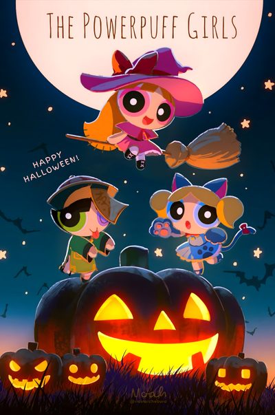 the powerpuff girls halloween poster with pumpkins and jack - o'- lanterns Powerpuff Girls Halloween Halloween Cartoon Network, Powerpuff Girls Fall, Powerpuff Girls Halloween, dark slate gray