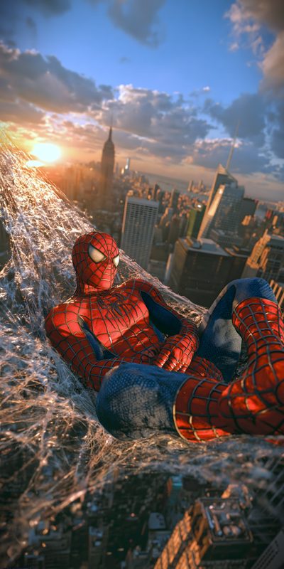 a spider man sitting on top of a building in front of the cityscape Spiderman Halloween 4k Iphone Spider Illustration, Spiderman Ultimate, Disfraz Spiderman, dim gray