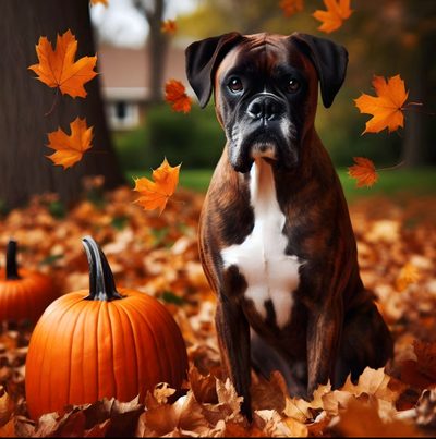 a brown and white dog sitting in leaves next to a pumpkin Halloween Boxer Dog Thanksgiving Boxer Dog, Fall Dog Pictures, Boxer Dog Happy Thanksgiving, saddle brown