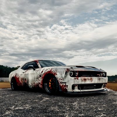 a car that has been painted red and white with blood on the hood is parked in a gravel lot Halloween Hellcat Dodge Challenger Halloween, Cyberpunk Dodge Challenger, Wrapped Dodge Challenger, dark gray