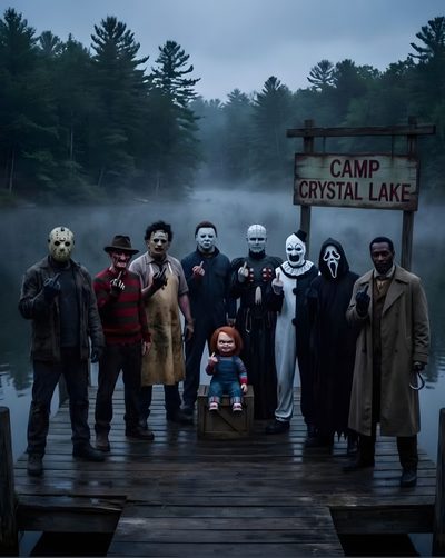 a group of people standing on top of a wooden dock Halloween Horror Friends Horror Movies Funny, Scary, Horror Movie Icons, Horror Artwork, dark slate gray