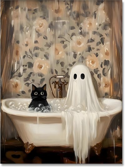 a painting of a black cat in a bathtub with ghost decorations on the wall Halloween Bathroom Ghost And Animal Art, Ghost Art Aesthetic, Cat Wall Art, Cute Cat And Ghost Art, gray