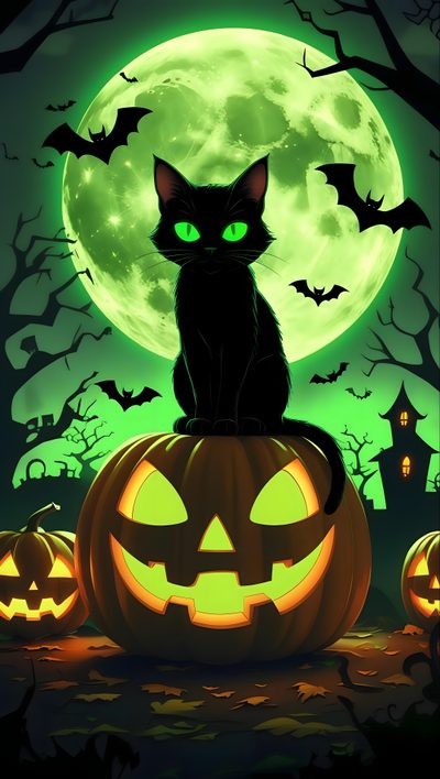 a black cat sitting on top of a pumpkin in front of a full moon with bats Halloween Black Cat Green Halloween Cat Ideas, Halloween Halloween Black Cat, Halloween Black Cat Green, dark slate gray