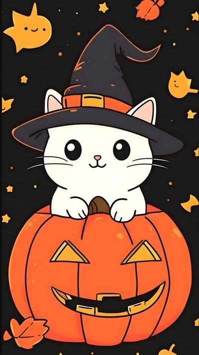 a cat wearing a witches hat sitting on top of a pumpkin Anime Cat Halloween Cute Cat Halloween Cartoon, Kawaii Cute Halloween Cat, Cute Cat Halloween, dark slate gray