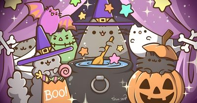 an animated halloween scene with cats and pumpkins Desktop Pusheen Halloween Cute Halloween Card Inspiration, Cute Halloween Cartoon Scene, Cute Spooky Characters, gray