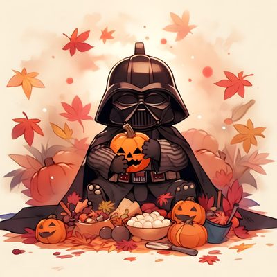a darth vader with pumpkins and other decorations Star Wars Halloween Star Wars Autumn, Star Wars Halloween, Darth Vader Halloween Pfp, burlywood
