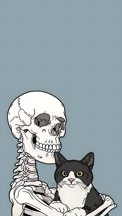 a black and white cat sitting next to a skeleton Kitty Skeleton Halloween Cats Skeleton And Dog, Cats And Skeletons, Grey And White Cat, dark gray