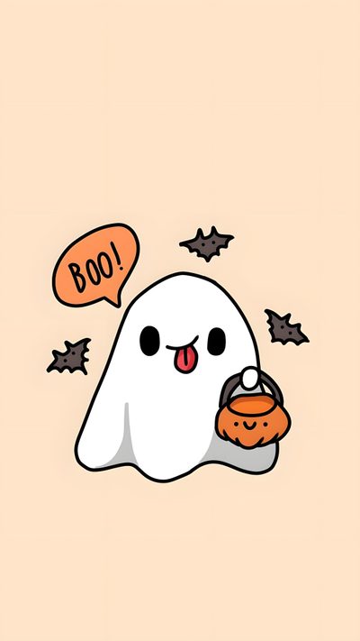 a cartoon ghost eating a donut with an orange speech bubble above it that says boo Halloween Booo Background Halloween Aesthetic, Background Aesthetic Halloween, For Halloween, bisque