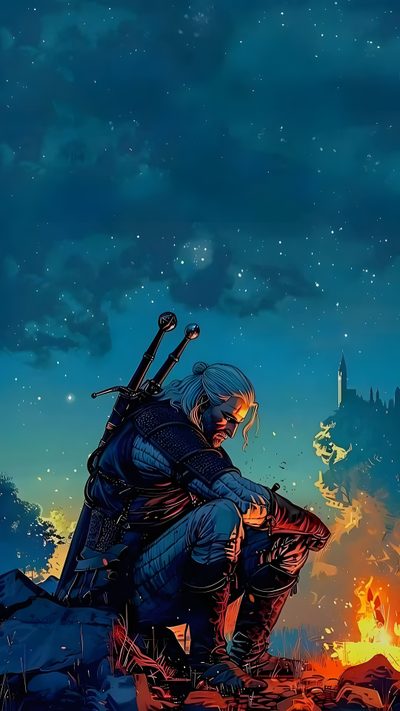 a man sitting on top of a pile of rocks next to a fire filled field Witcher Geralt Halloween Witcher 3 Phone, The Witcher 3 Phone, The Witcher Phone, dark slate gray