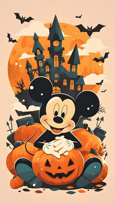a mickey mouse sitting on top of a pumpkin in front of a castle with bats Disney Halloween Mickey Pumpkin, Disney Halloween Iphone, Disney Fall, sandy brown