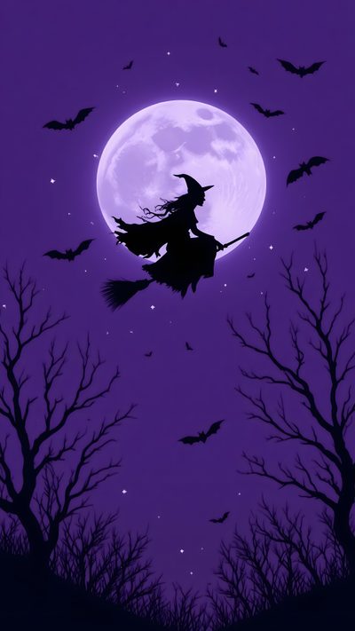 a witch flying in front of a full moon with bats on the tree branches and trees Halloween Purple Purple Halloween, Purple Halloween Aesthetic, Male Witch, Witch Art, Halloween, indigo